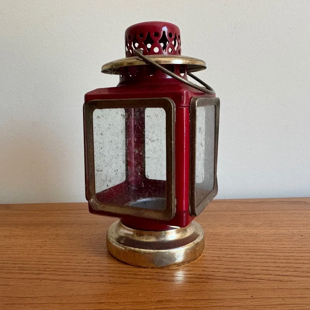 Vintage Red Metal and Brass Glass Pane Lantern Candle Holder Made in Hong Kong